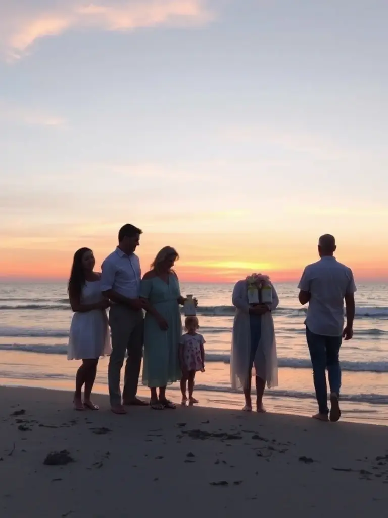 An image of a family releasing biodegradable urns into the ocean at sunset, representing a peaceful and eco-friendly cremation option.