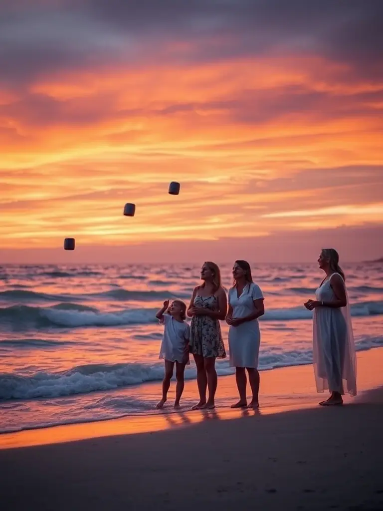 A family releasing biodegradable urns into the ocean at sunset, representing a peaceful farewell and environmental consciousness.