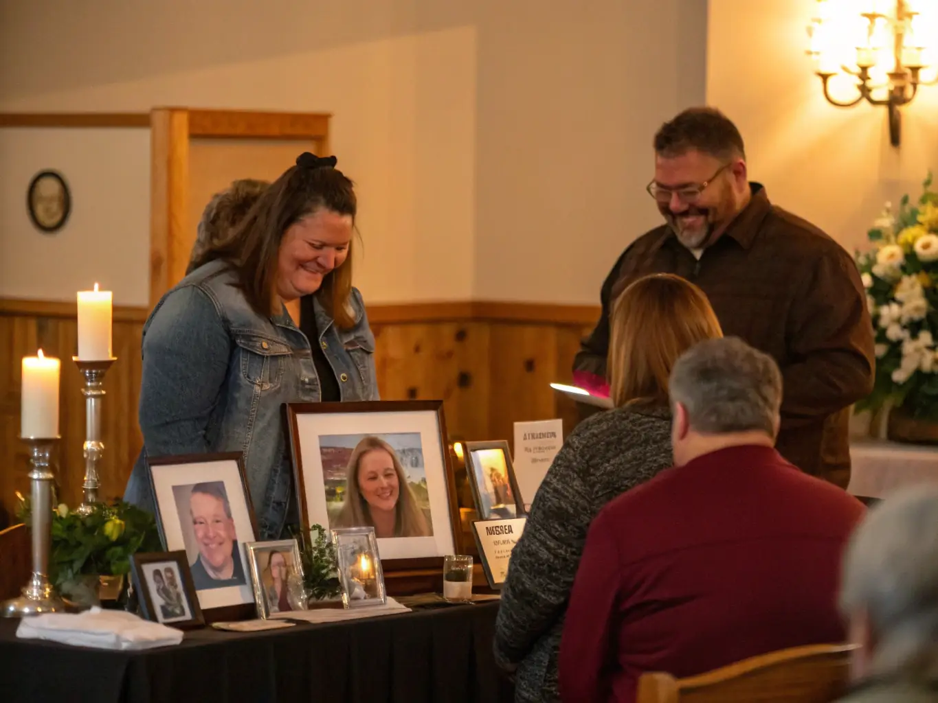 A gathering of family and friends sharing memories during a memorial service, symbolizing community and support.