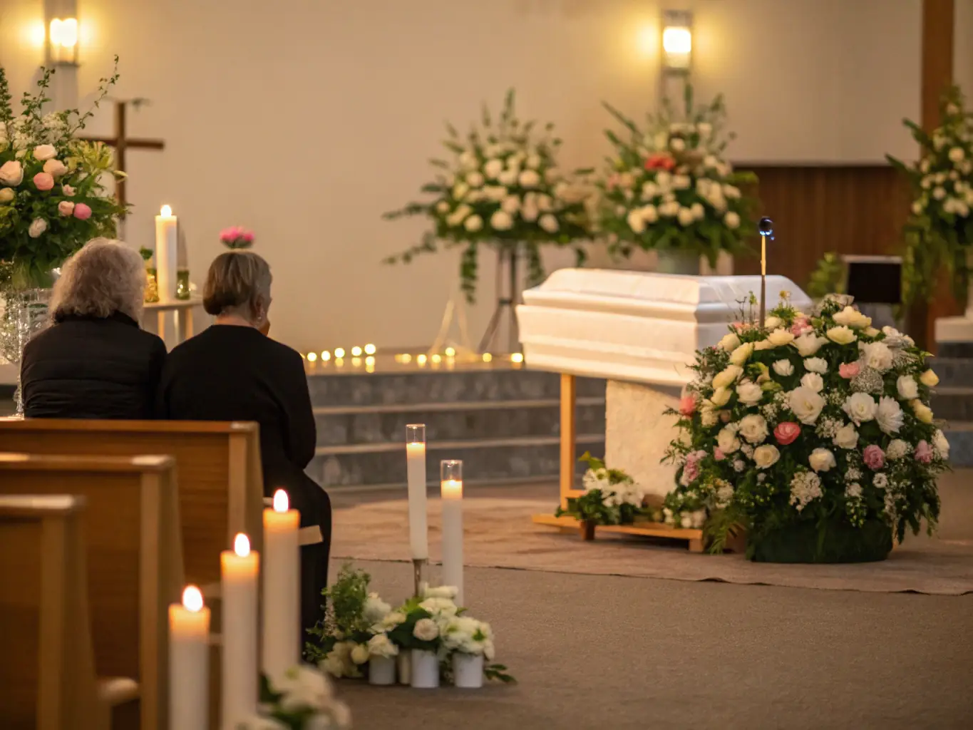 A peaceful setting for a memorial service with candles and photographs, representing remembrance and celebration of life.