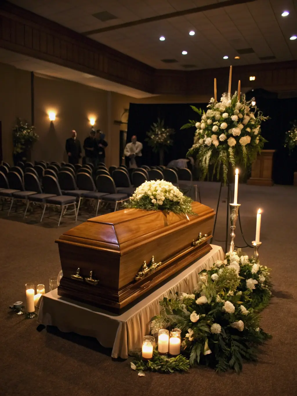 A serene image depicting a traditional funeral service with a closed casket adorned with flowers, soft lighting, and family members in attendance, conveying respect and solemnity.