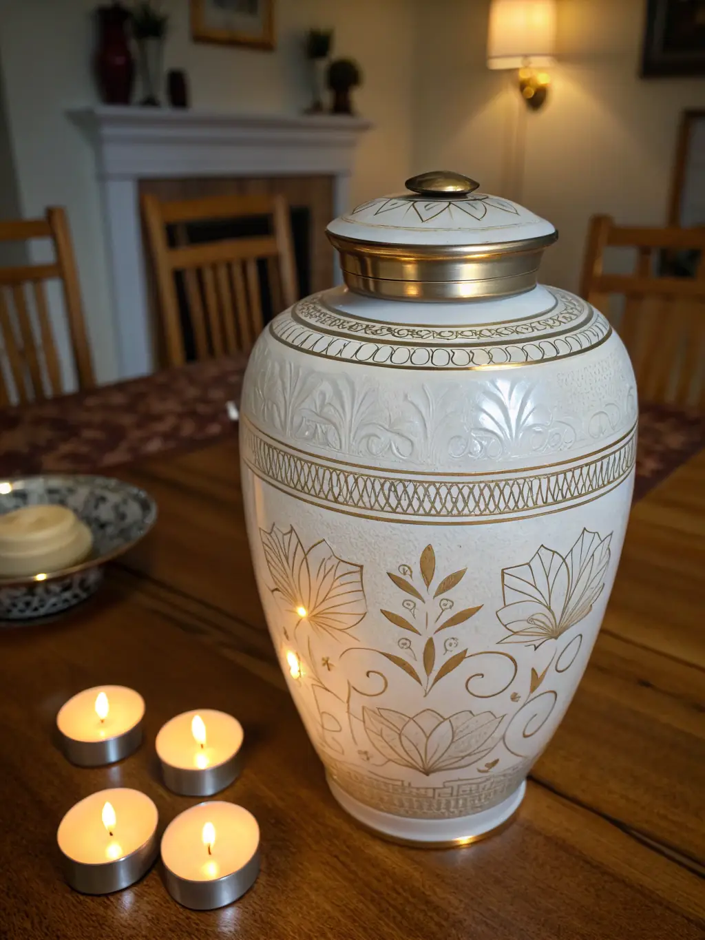 A serene photograph of a cremation urn on a mantelpiece, surrounded by flowers and candles, symbolizing remembrance and peace.