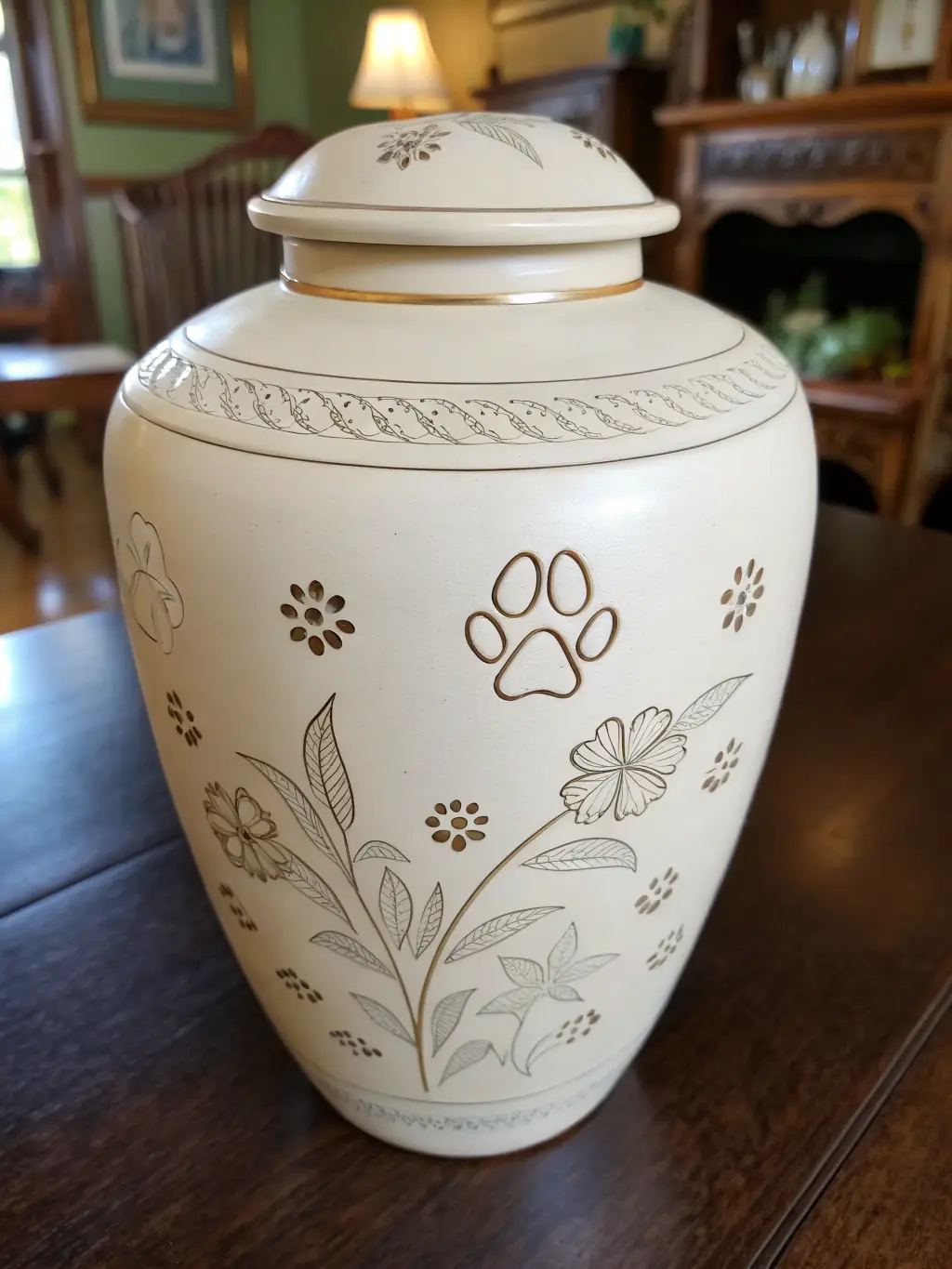 A close-up of a personalized cremation urn with engraved details, showcasing the ability to create a unique memorial.
