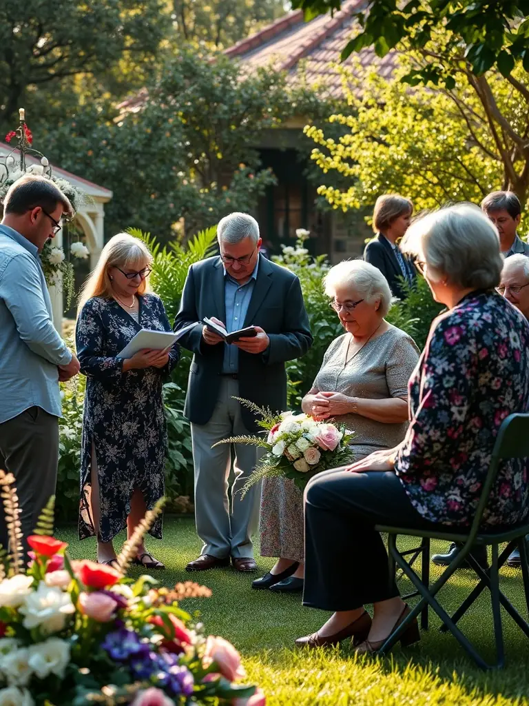 A memorial service in a garden, with attendees scattering ashes and sharing memories, illustrating a celebration of life.